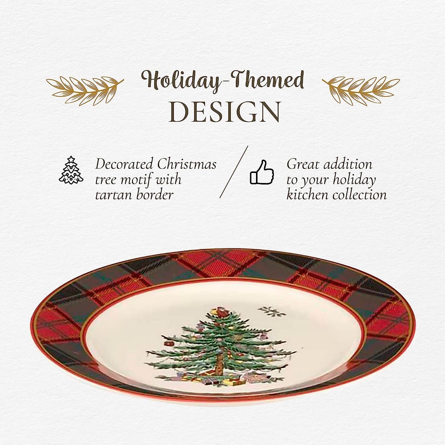 Spode Christmas Tree Tartan 7.75" Salad Plate, Set of 4 - Festive Table Setting for Parties & Gatherings, Holiday Plate for Appetizers, Desserts or Salads - Dishwasher & Microwave Safe Earthenware