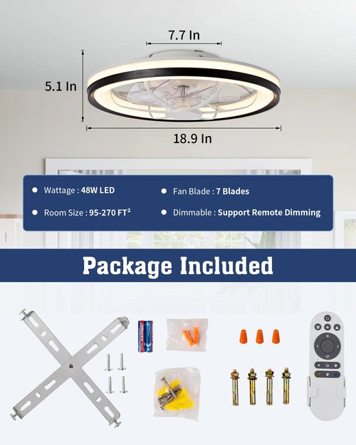 Kwinmyso 18.9" Modern Ceiling Fan with Light and Remote Control,Flush Mount Low Profile Dimmable Ceiling Fan,Stepless Dimming Light and 6 Speeds Fan-826 Black