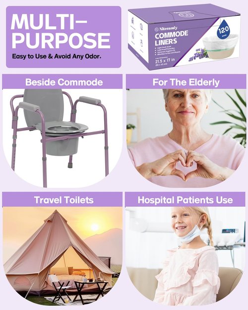 Commode Liners for Bedside Commode, 120 Count Universal Fit, Disposable Toilet Bags for Bedside Commode, Portable Toilet, Bed Pan, Medical Grade & Lavender Scented