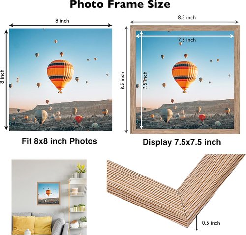 JCJMY 8x8 Picture Frame - Rustic Brown Wall Mount or Tabletop Display | Shatter-Resistant Plexiglass
