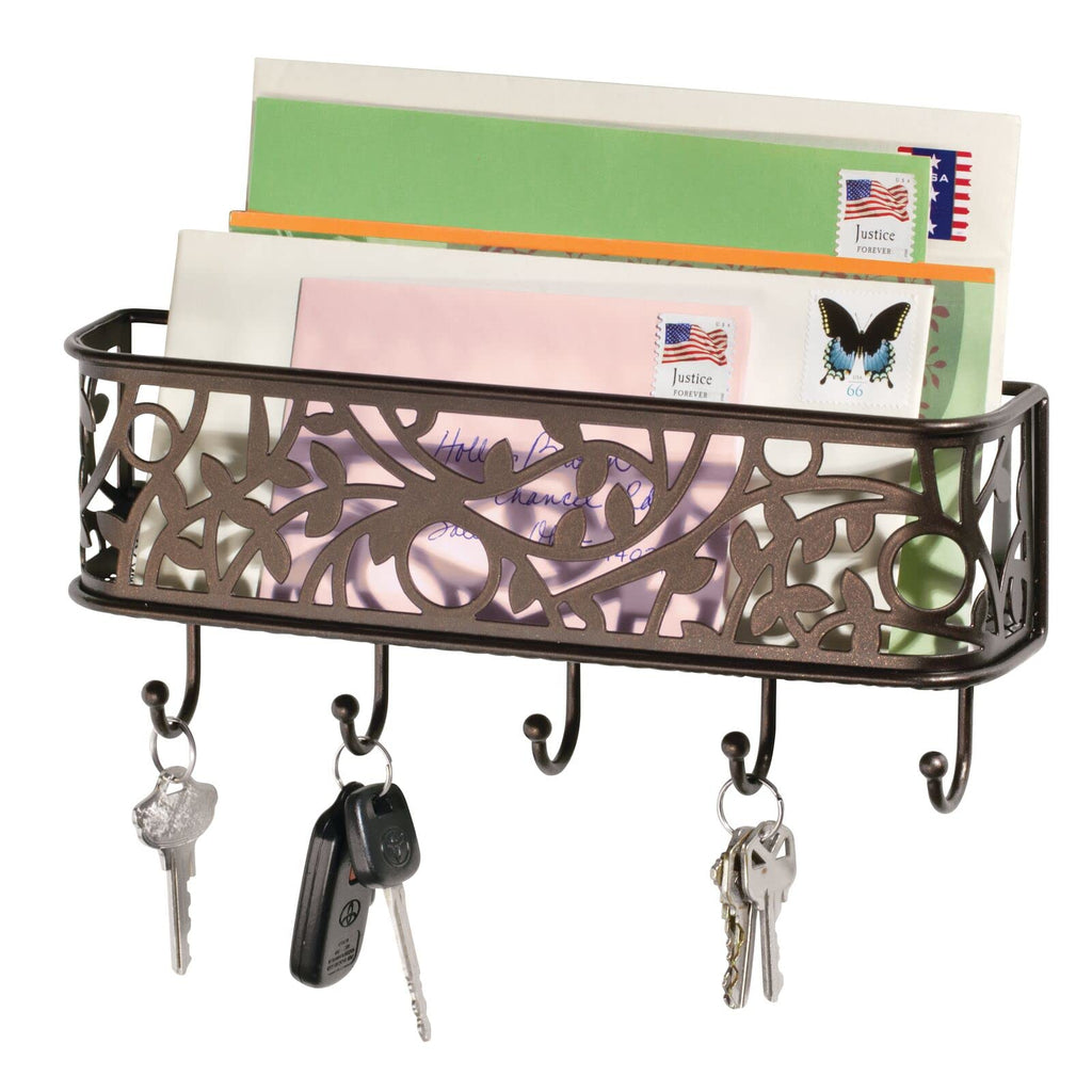 mDesign Wall Mount Metal Entryway Storage Organizer Mail Sorter Basket with 5 Hooks - Letter, Magazine, Coat, Leash and Key Holder for Entryway, Mudroom, Hallway, Kitchen, Office - Bronze