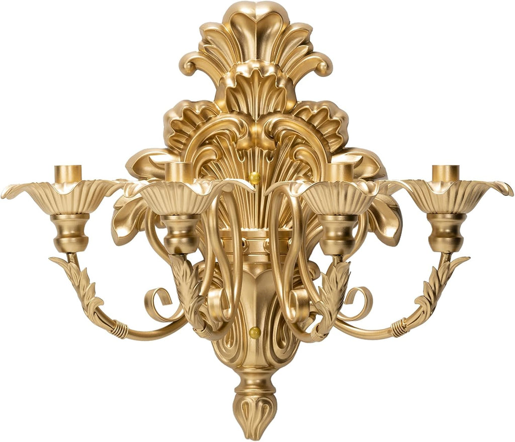 Roman Fountain Wall Sconce - 4-Candle Gold Baroque Candelabra | Antique Metal Wall Mounted Holder for Tapered Candles