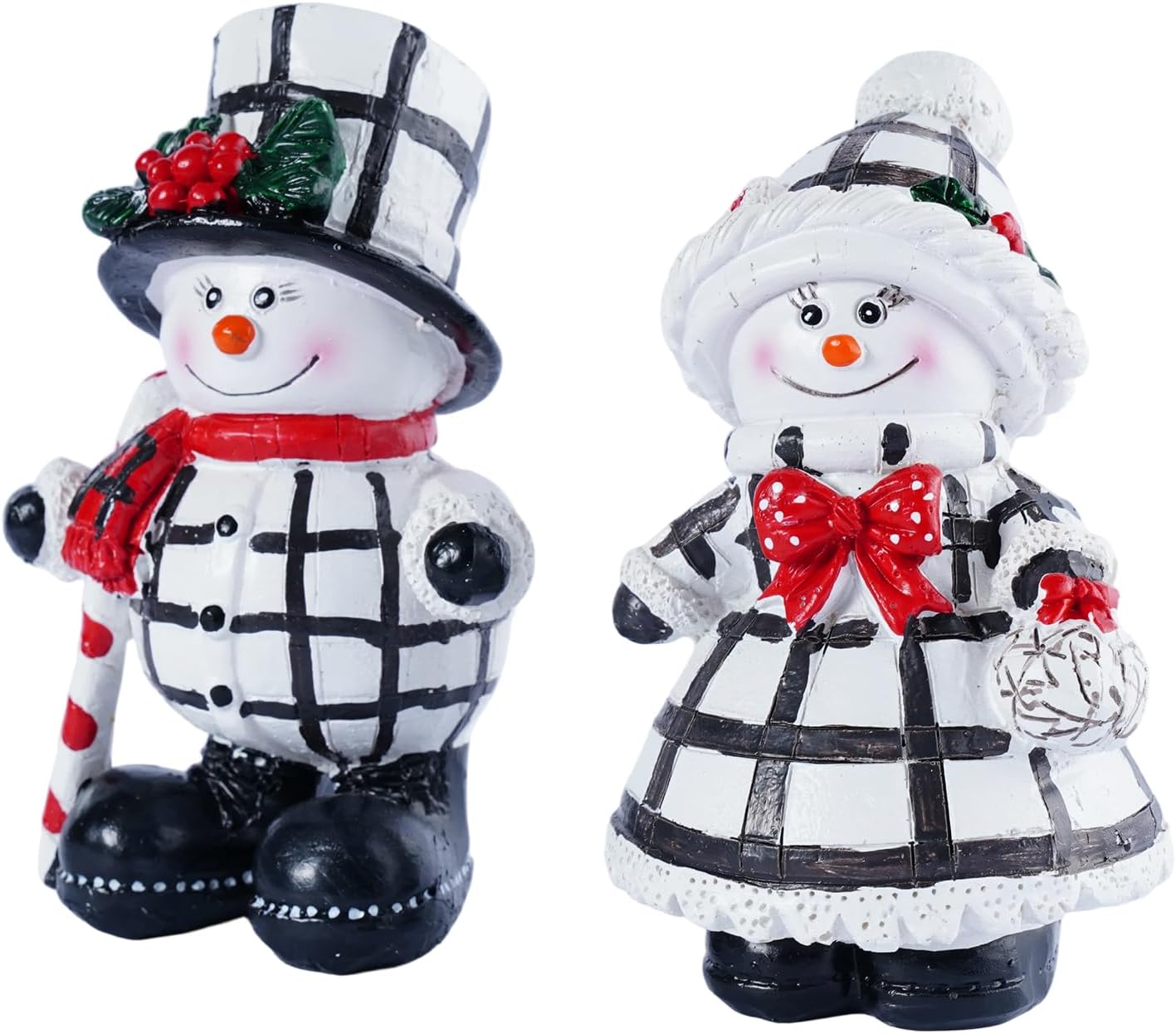 Snowman Figurines Set of 2 - Black and White Plaid Indoor Christmas Decorations | Winter Home Decor