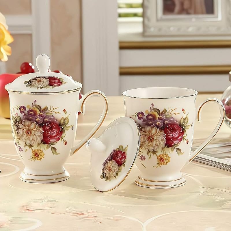 Floral 10oz Ceramic Mug with Gold Rim & Lid - Fine Bone China Tea Cup