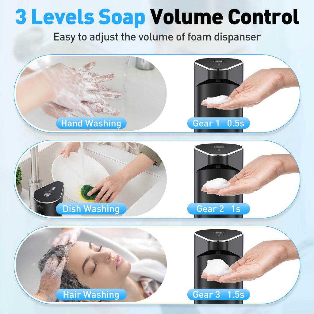 Fantictas Automatic Soap Dispenser,Touchless Hand Wall Mount Rechargeable 3 Gear Adjustable Electric Soap Dispenser 350ml with Infrared Motion Sensor for Bathroom,Kitchen,Office, Black Foam