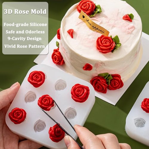 2 Packs Rose Flower Silicone Mold for Baking, 9-Cavity Rose Chocolate Candy Fondant Mold 3D Flower Ice Cube Mould for Cake Decor