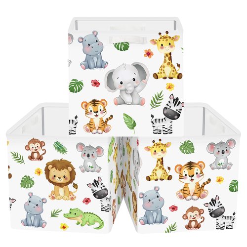 HUUMONSS 11.8" Jungle Animals Cube Storage Organizer Set 3Pcs Lion Giraffe Elephant Cube Storage Bin for Bathroom/Bedroom Parent Book Chest, Tiger