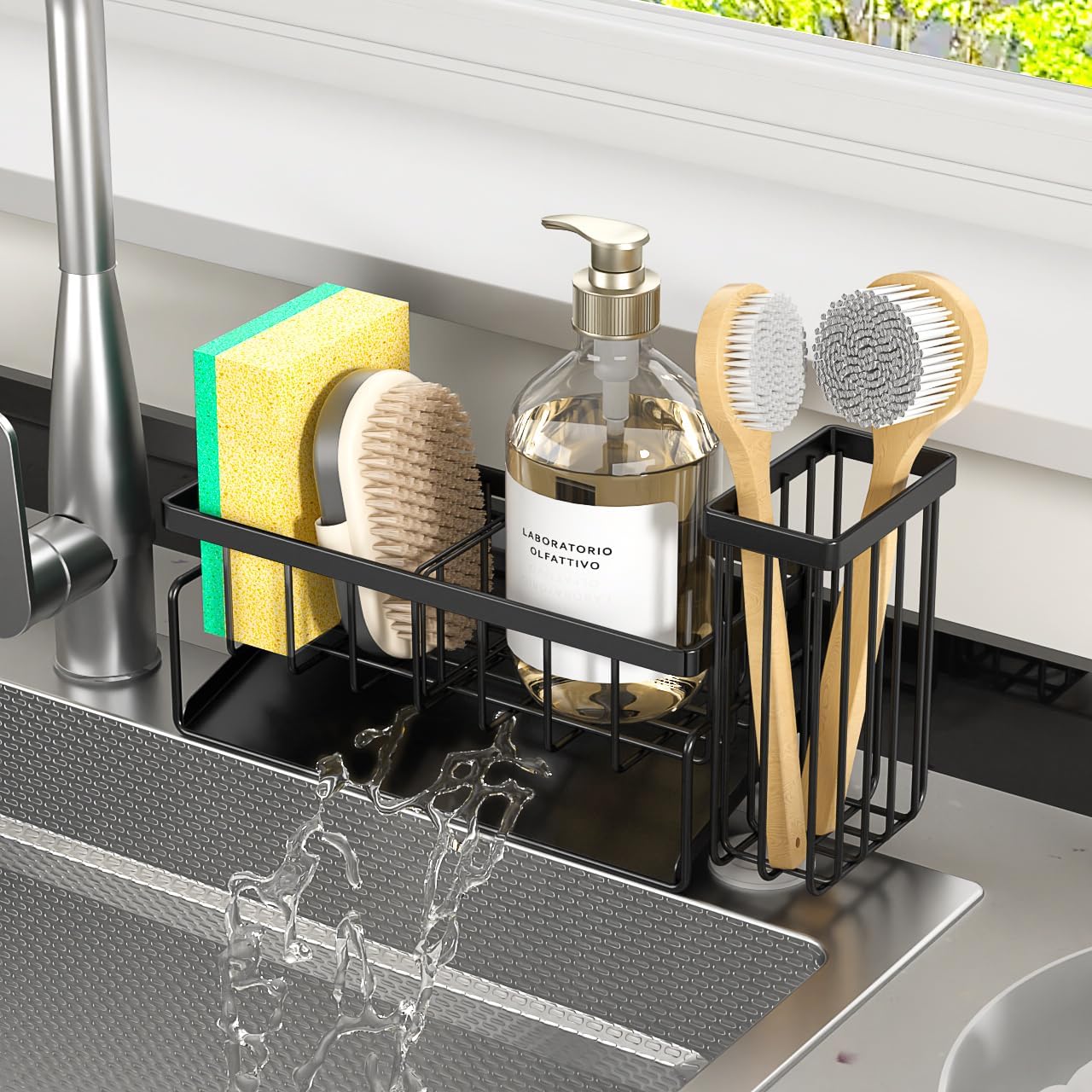Skiennix Sponge Holder & Sink Caddy Organizer - Rustproof Kitchen Storage Solution (Carbon Black)