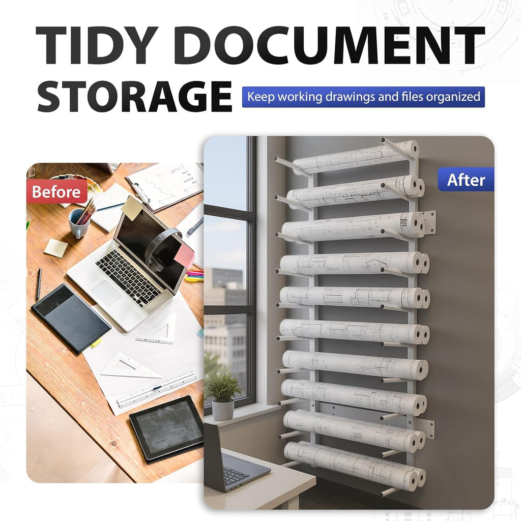 Skiennix Wall Mount Blueprint Storage Rack - Heavy Duty Roll File Holder for Plans & Posters | 320 lbs Capacity