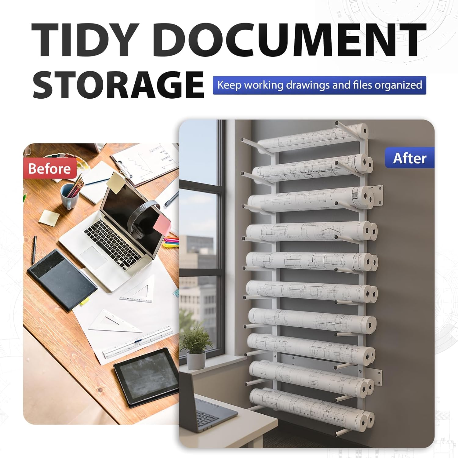 Skiennix Wall Mount Blueprint Storage Rack - Heavy Duty Roll File Holder for Plans & Posters | 320 lbs Capacity