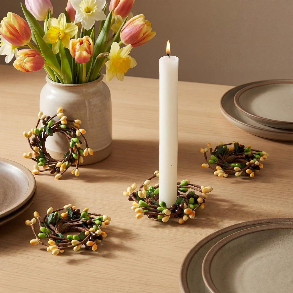 Suncalla Taper Candle Rings - 4 Pcs Mini Artificial Pip Berry Wreaths for Home Table Decor | 1.26''