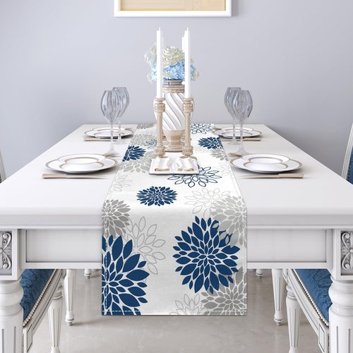 Dahlia Flower Table Runner 13x71 Inch Farmhouse Blue Gray Runners Modern Table Decorations Rustic Geometric Coffee Table Runner for Home Kitchen Dining Room Party (13"x71", Dahlia Floral-Blue)