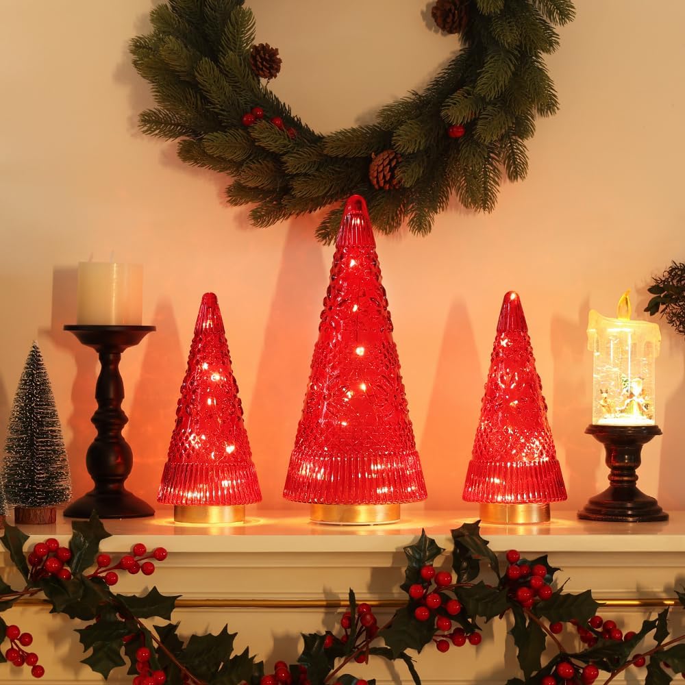 PHITRIC Christmas Tree Centerpieces - 3 PCS Sparkling Glass Decor with LED Lights & Timer | Indoor Holiday Decorations