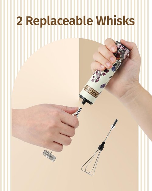 INFOOD Rechargeable Milk Frother - Handheld Coffee Mixer with 2 Detachable Stainless Whisks | Vintage Floral Design