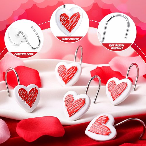 CroBlissful 12 Pcs Heart Shape Shower Curtain Hooks Heart Hangers Hooks Love Decorative Curtain Rings for Valentine's Day Spring Summer Wedding Bathroom Restroom(White)