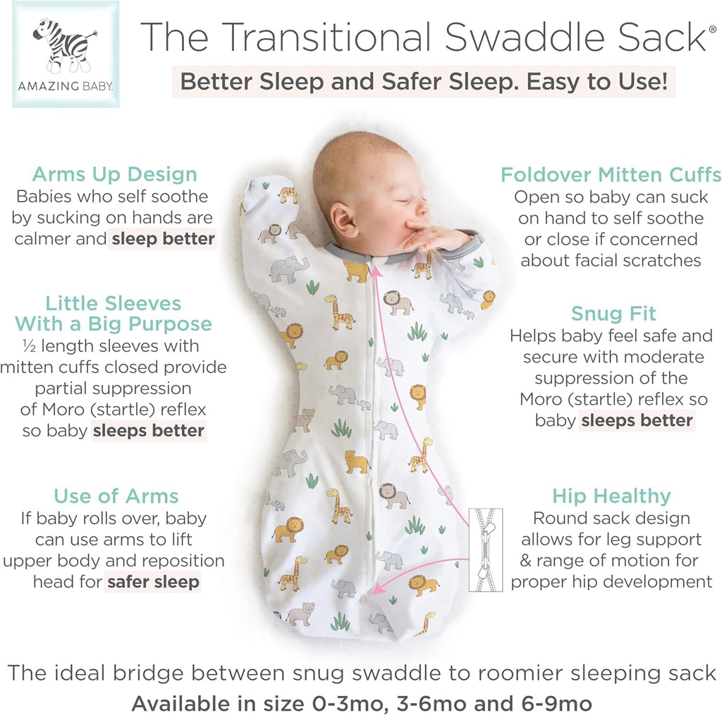 Skiennix Baby Swaddle Sack - Transitional Design with Arms Up Sleeves & Mitten Cuffs | Small, 0-3 Months, On Safari