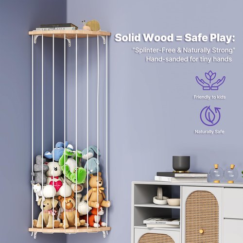 Zayysoha Corner Stuffed Animal Storage Zoo – Adjustable Natural Solid Wood Toy Organizer & Teddy Bear Holder – Large Wall Plushie Cage Shelf with Reinforced Star & Moon Cutouts for Nursery Kids Room