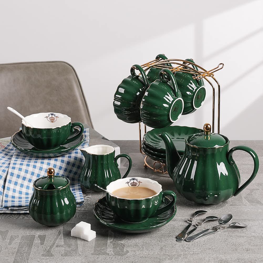 Sweejar Porcelain Tea Sets British Royal Series and 3 Tier Ceramic Cake Stand(Jade)