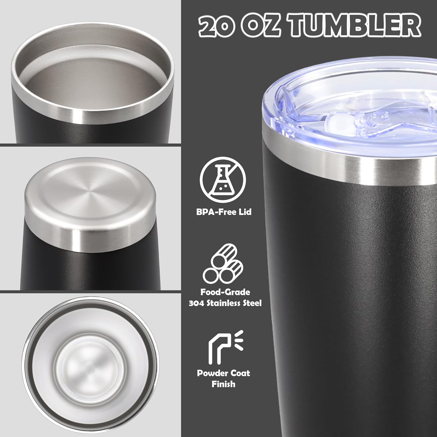 Skiennix 20oz Stainless Steel Tumbler Set - Vacuum Insulated Travel Mugs for Hot & Cold Drinks | Black, 8 Pack