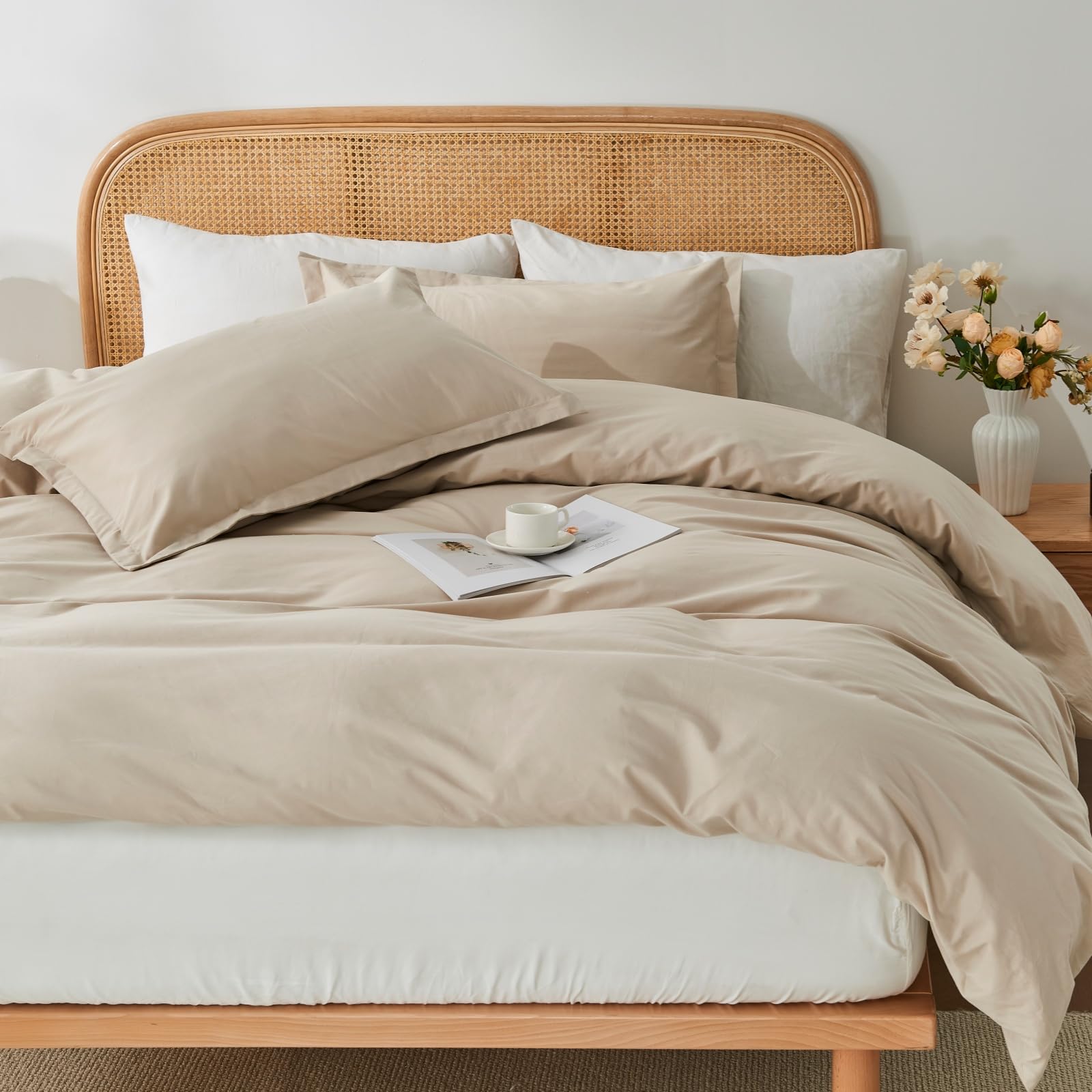 OAITE 100% Washed Cotton Duvet Cover Queen Size Soft Breathable Durable Bedding with Zipper Closure & 8 Corner Ties- 3 Pieces Plain Simple Duvet Cover Set,2 Pillow Shams,1 Duvet Cover(90"x90")