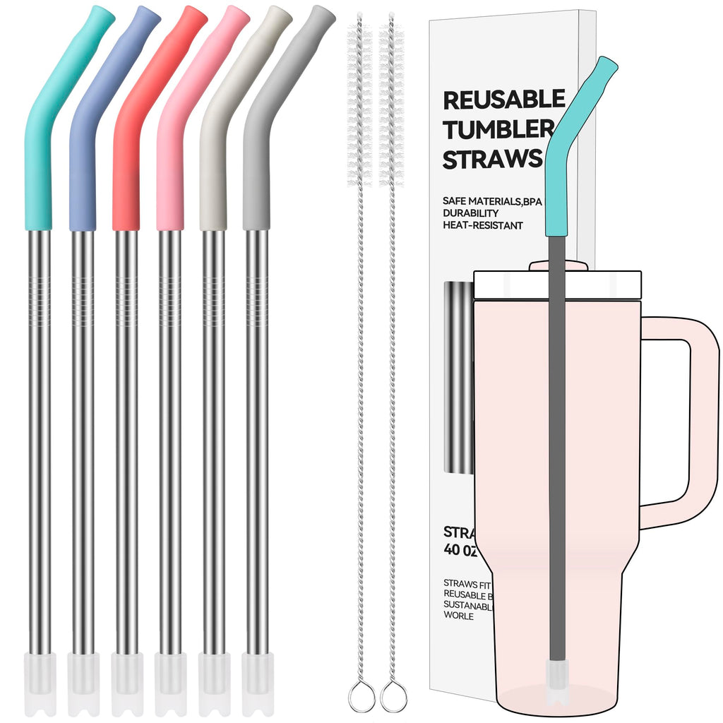 Soledea 40 oz Straight Metal Straws for 40 oz Stanley Tumbler, 6 Pcs Stainless Steel Reusable Drinking Metal Straw with Colourful Silicone Tips,Straw for Glass Cups, BPA FREE