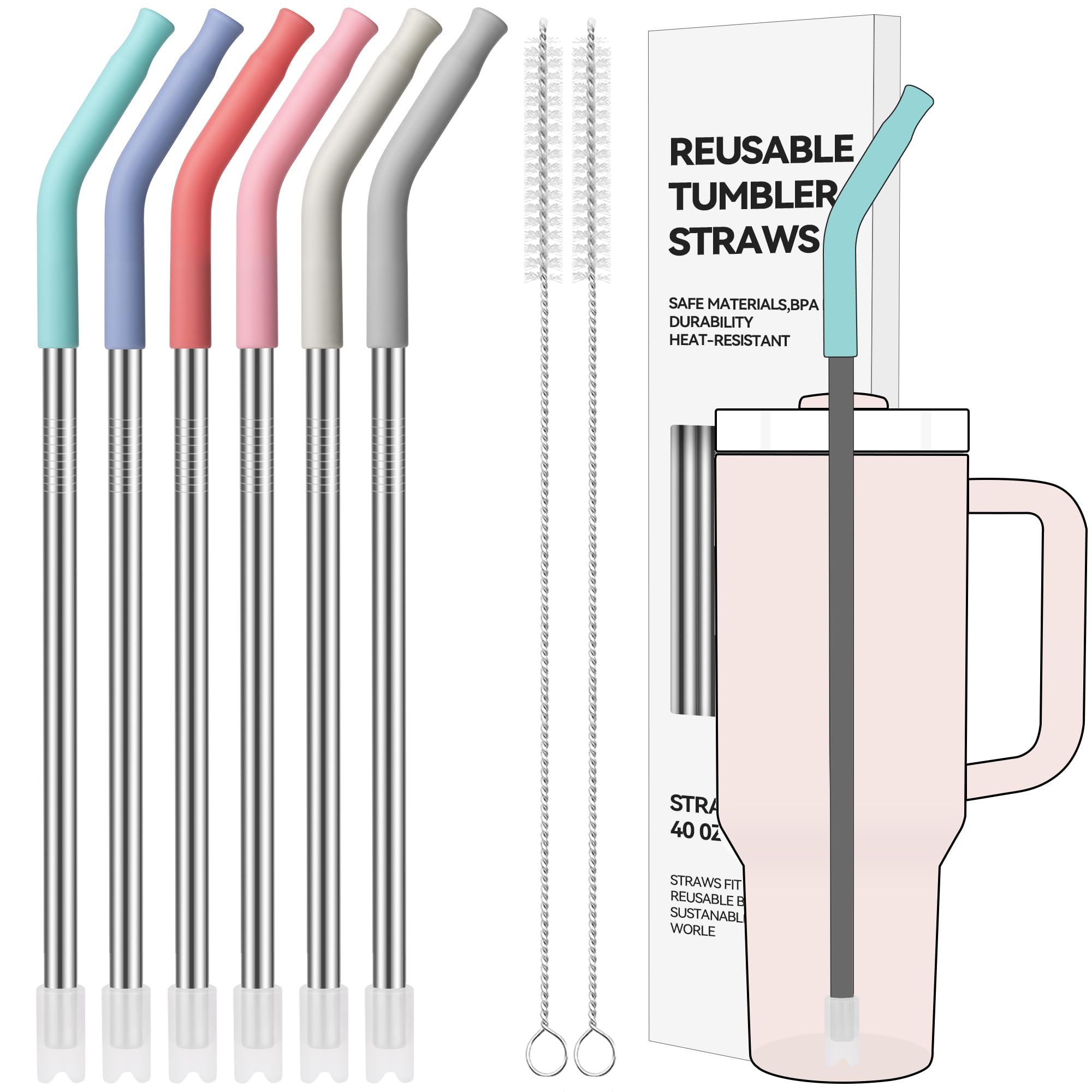 Soledea 40 oz Straight Metal Straws for 40 oz Stanley Tumbler, 6 Pcs Stainless Steel Reusable Drinking Metal Straw with Colourful Silicone Tips,Straw for Glass Cups, BPA FREE