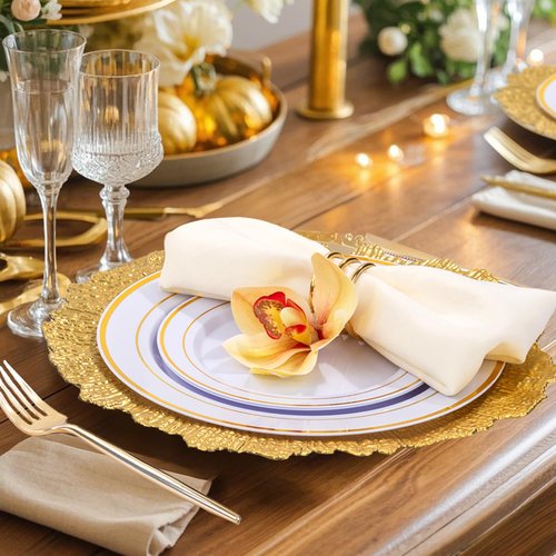 ejonirinjonir 20pcs Gold Charger Plates,13 Inch Charger Plates Bulk,Round Ruffled Rim Chargers for Dinner Plate,Disposable Chargers Plate for Wedding,Party