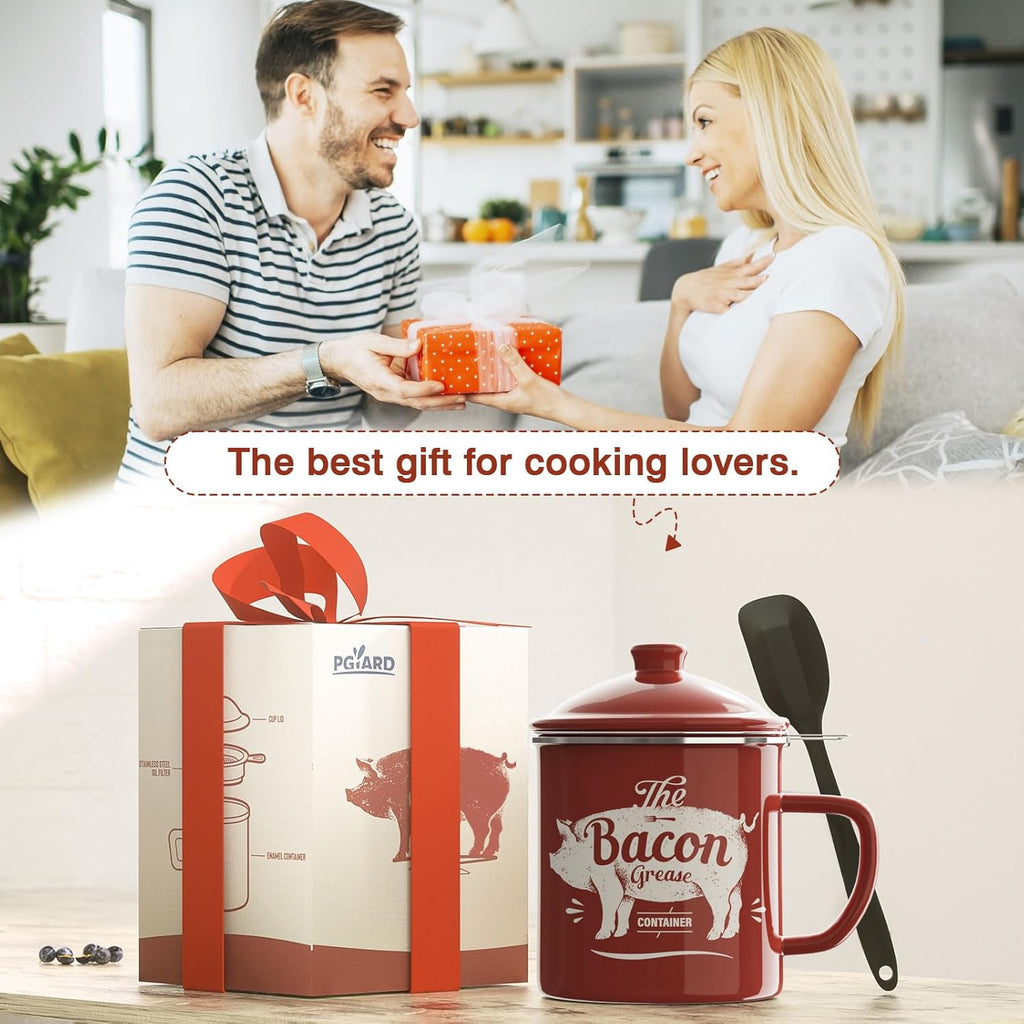 Skiennix Bacon Grease Container - 46oz Enamel Keeper with Strainer & Silicone Spatula | Red, Dishwasher Safe