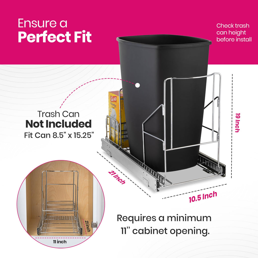 HOLDN’ STORAGE Pull Out Trash Can Under Cabinet - Trash Can Not Included - Dedicated Space for Disposable Trash Bags, Requires a 11” Cabinet Opening, Adjustable, Heavy Duty, Anti Rust Chrome Finish