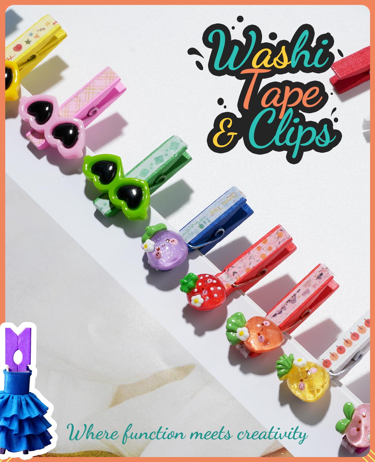 Mini Clothespins, Sopito 100 Pcs 1.4'' Strong Mini Clothespins for Photos with 10 Pcs Washi Tapes and 43 Ft Jute Twine, Colorful Wooden Small Clothes Pins for Picture, Crafts, Baby Shower