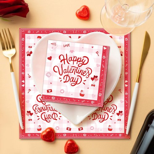 40 Pack Valentine’s Day Paper Napkins – 13 x 13 Inches Disposable Napkins with “Happy Valentine’s Day” Lettering, Hearts, and Love Icons for Valentine’s Parties, Weddings, and Romantic Dinners