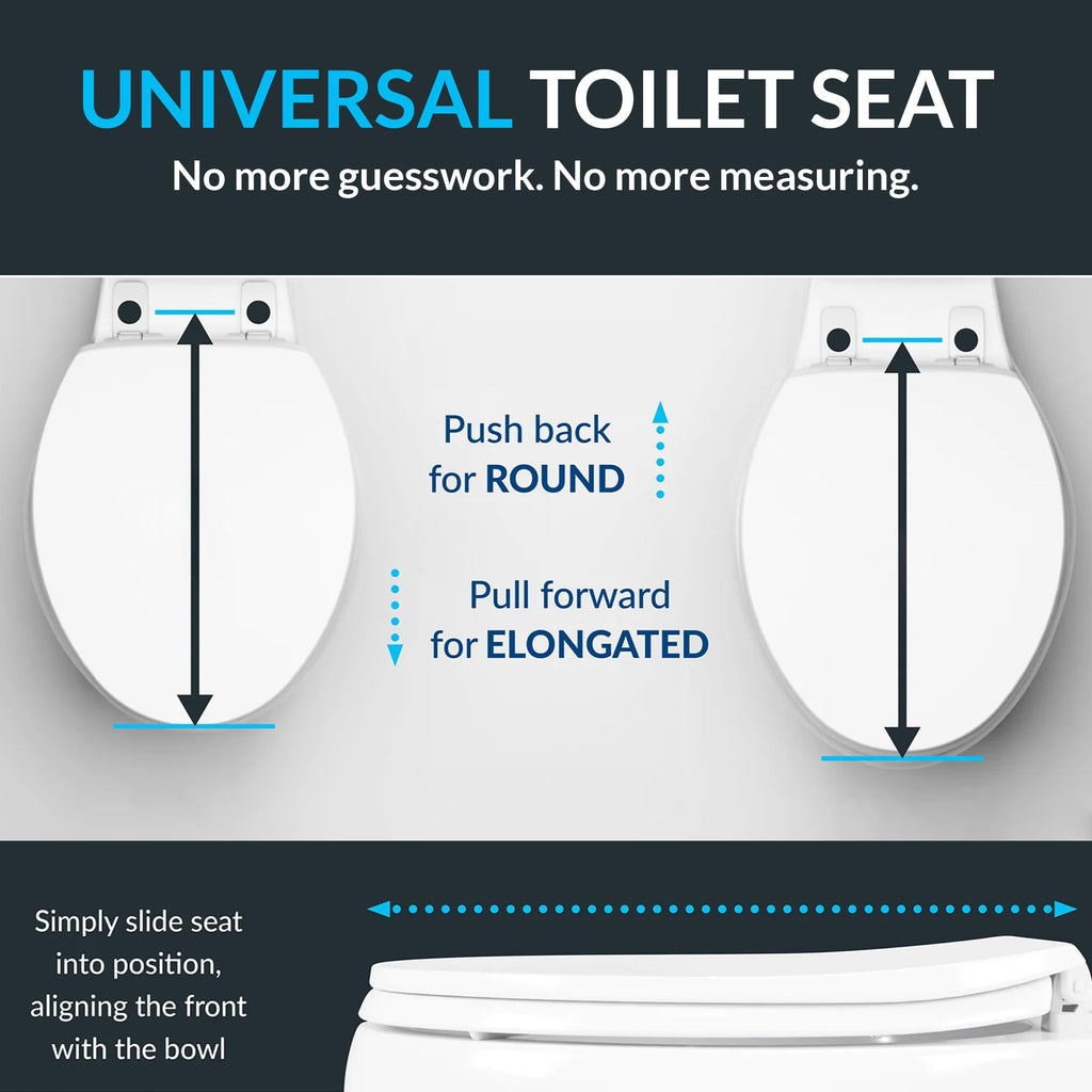 Mayfair Universal Size Slow Close Toilet Seat, Durable Plastic, Fits Round & Elongated Toilets, White