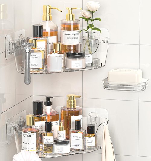 JNDETOP Corner Shower Caddy, 3-Pack Adhesive Shower Organizer with Soap Holder and Hooks, Rustproof Corner Shower Shelves, No Drilling Bathroom Organizer for Bathroom
