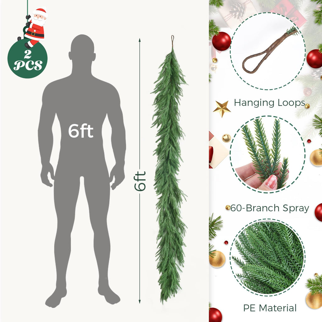 2 Pcs 6FT Norfolk Pine Garland (12FT Total): Real Touch Artificial Christmas Greenery with 120 Branches, Premium Decor for Mantle, Table, Wall, Indoor/Outdoor(Dark Green)