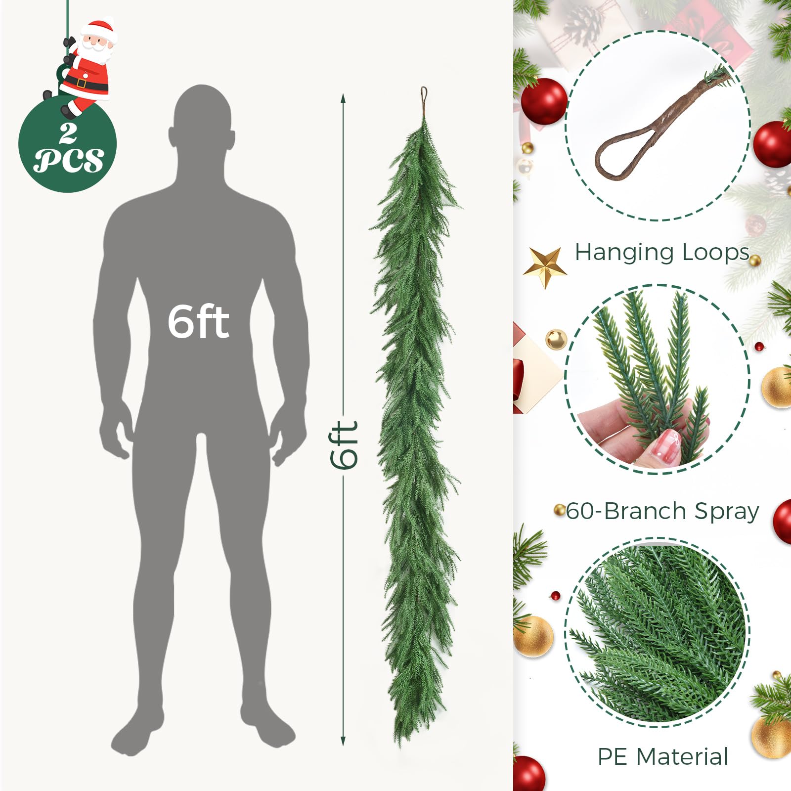2 Pcs 6FT Norfolk Pine Garland (12FT Total): Real Touch Artificial Christmas Greenery with 120 Branches, Premium Decor for Mantle, Table, Wall, Indoor/Outdoor(Dark Green)