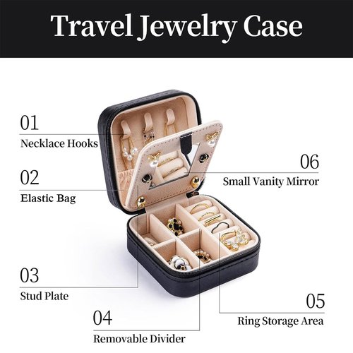 Artinhand Norwegian Rosemaling Folk Style Small Travel Jewelry Case with Mirror Portable Black PU Leather Box Earrings Necklaces Rings Bracelets Storage Organizer Gift for Women And Girls