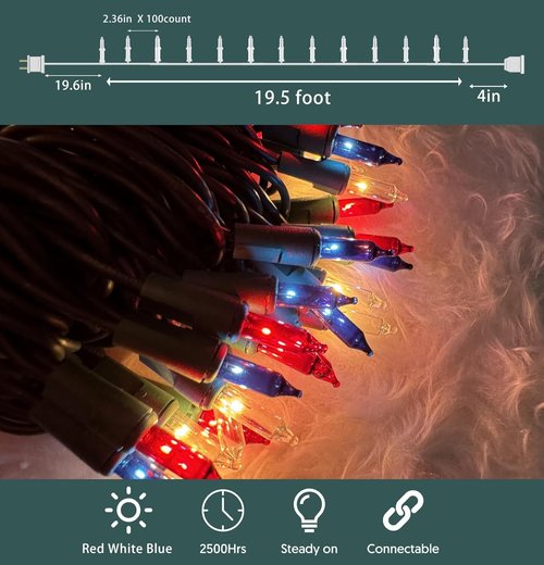 HISHINY Mini String Lights - 100 Count Patriotic Red, White & Blue Decor | 21ft Indoor/Outdoor Holiday Lighting