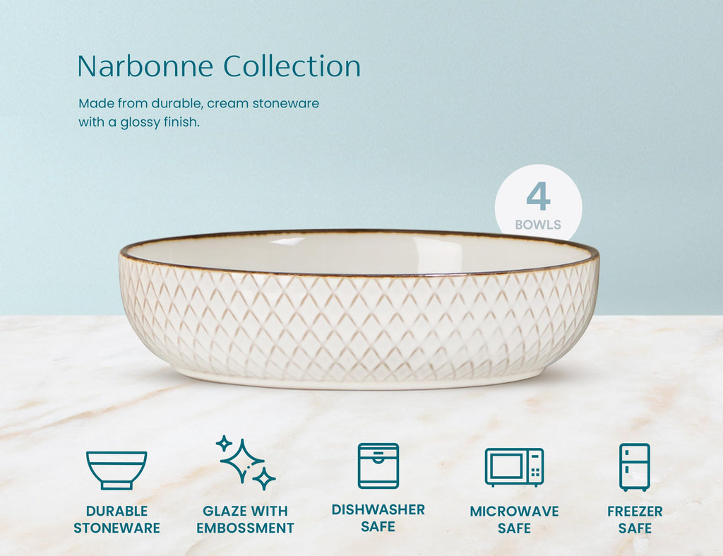 KooK Pasta Bowls, Ceramic, Embossed Serving Bowls For Stews and Salads, Large Capacity, Microwave & Dishwasher Safe, Ivory with Dark Copper Accents, Set of 4, 40 oz, Narbonne Collection