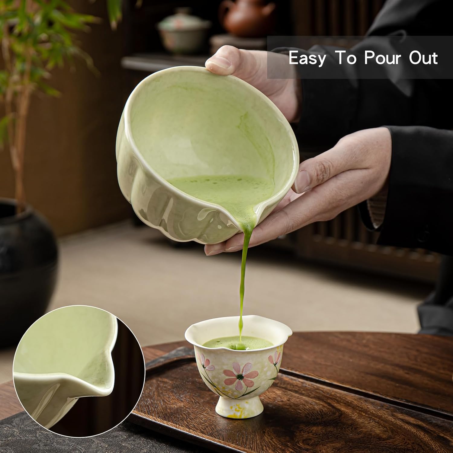 Skiennix Matcha Whisk Set - Complete 5-Piece Kit with Ceramic Bowl, Bamboo Whisk & Accessories | Mottled Green