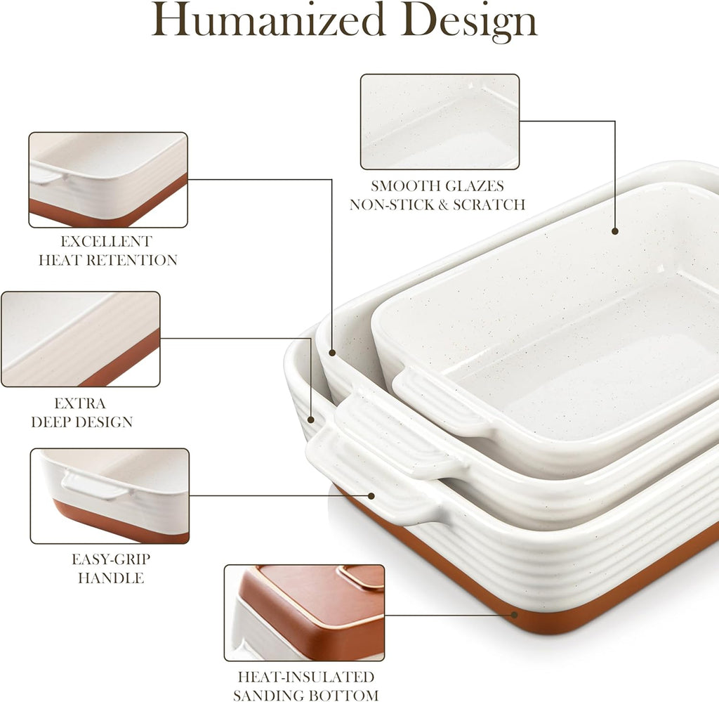 MALACASA Casserole Dishes Set - Ceramic Baking Pan Set of 3 with Handles - Rectangular Lasagna Dish in Khaki White (14.5''/13''/10.5'') | Series TARA
