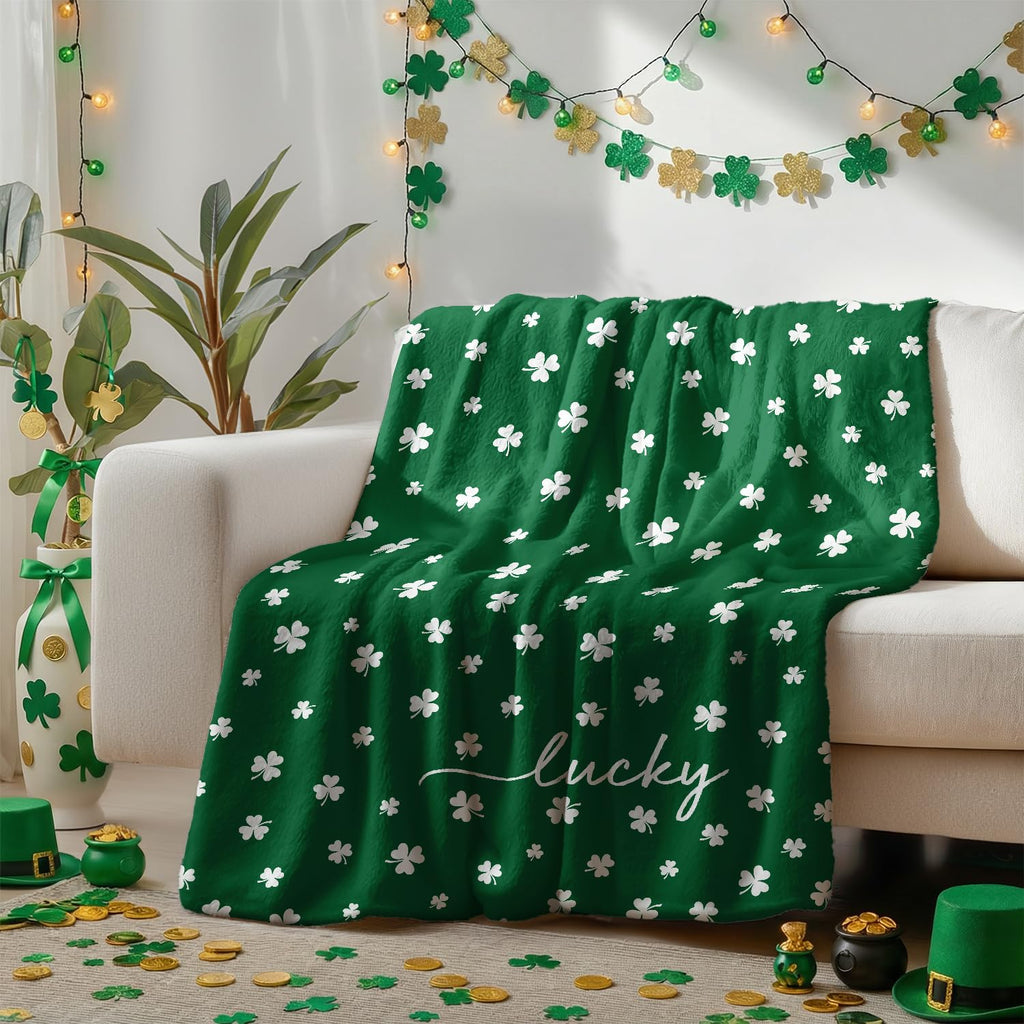 Horaldaily St. Patrick's Day Flannel Blanket Throw, Irish Clover Shamrock Green Soft Fuzzy Plush Cozy Fleece Blankets for Couch Sofa Bed Lounging, Ideal Gifts for Kids Adults Self, 50x60