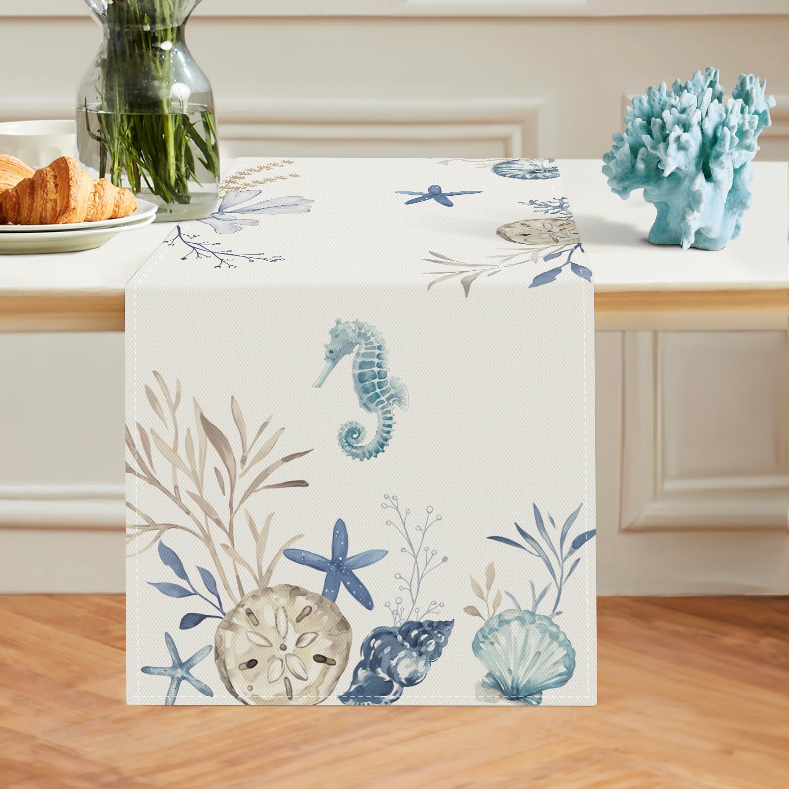 Bonhause Nautical Coastal Table Runner 13x72 Inch Ocean Beach Seahorse Starfish Seashell Summer Kitchen Dinning Table Decoration for Indoor Outdoor Home Party Decor