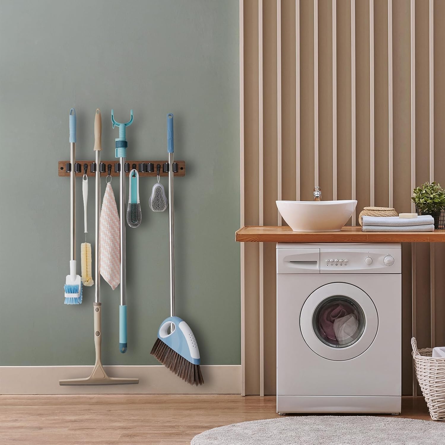 OUTNILI Mop and Broom Holder Wall Mount - Rustic Wood Organizer with 5 Slots & 4 Hooks for Garage, Closet, Laundry Room