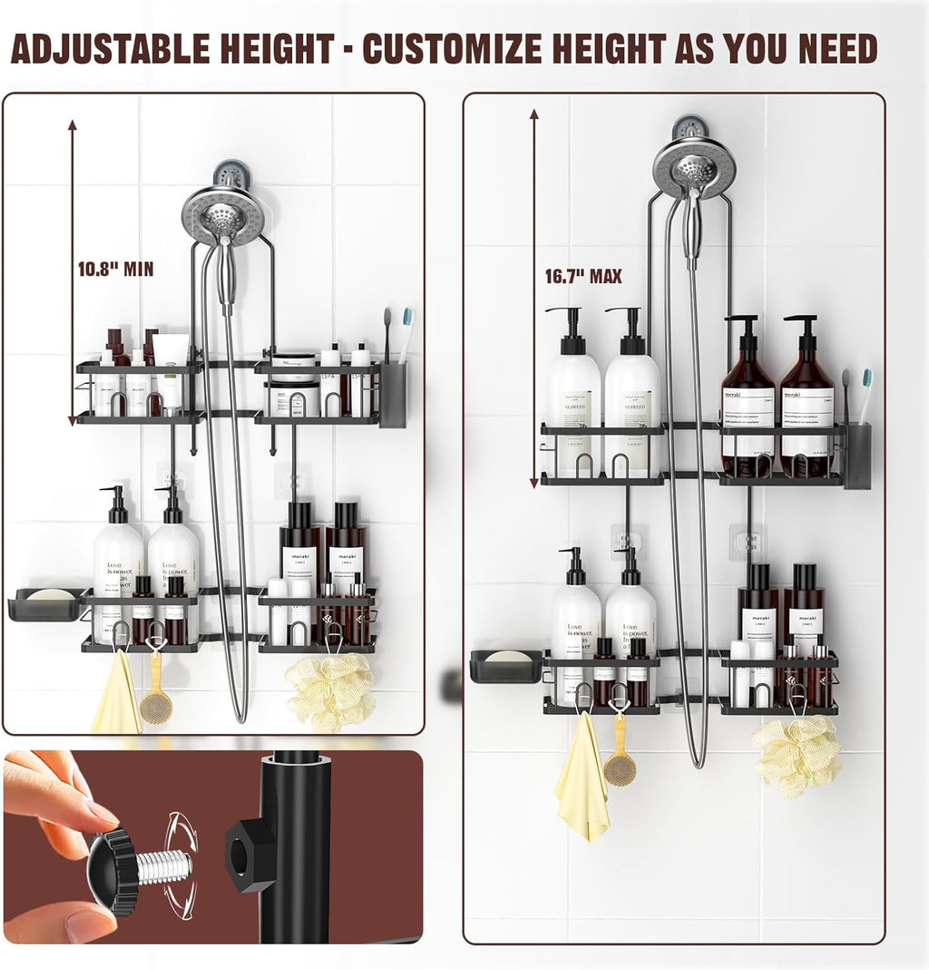 Reinhardt Adjustable Shower Caddy - Rustproof Hanging Organizer with Hooks & Soap Holder | Black