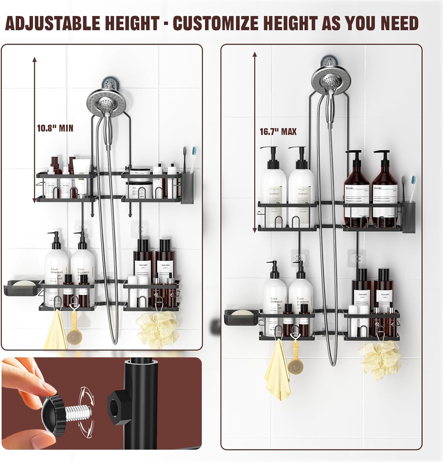 Reinhardt Adjustable Shower Caddy - Rustproof Hanging Organizer with Hooks & Soap Holder | Black