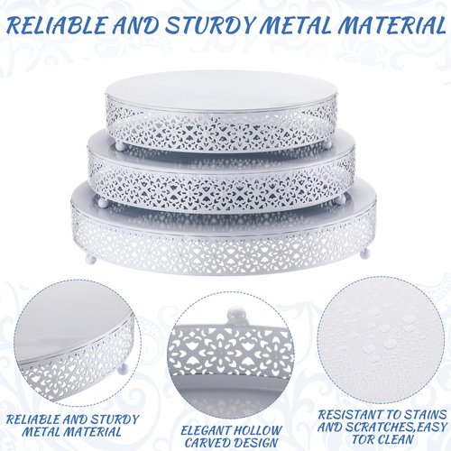 Wenqik 3 Pcs Cake Stand 16'' 14'' 12'' Round Metal Cake Stand Bases Display Holder Cookies Fruit Serving Tray Candy Display Plate Cupcake Dessert Pastry Riser for Wedding Birthday Party (White)