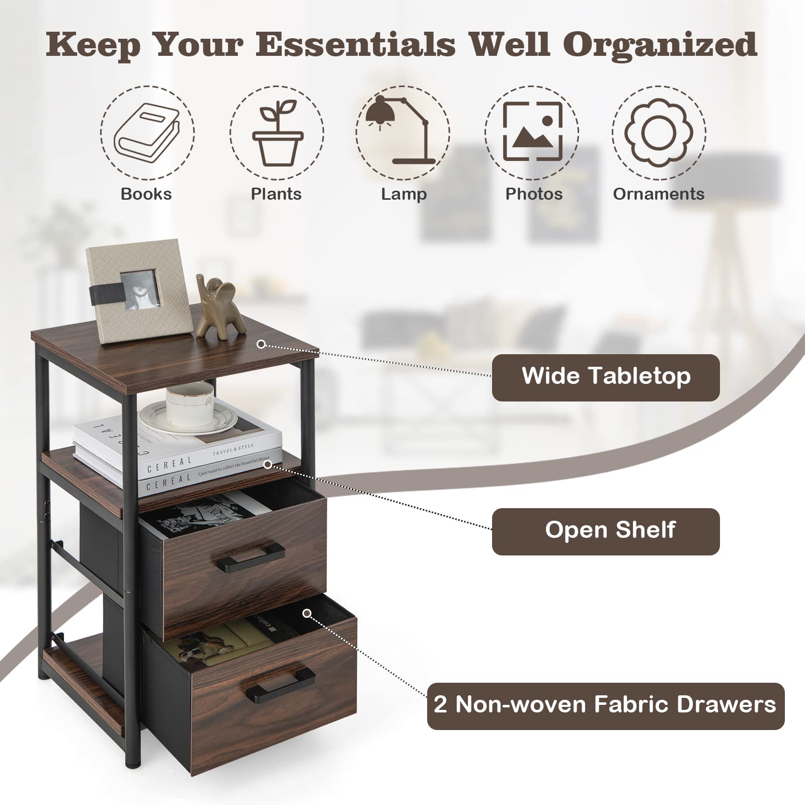 COSTWAY Nightstand with 2 Fabric Drawers, 3-Tier Bedside Sofa Side Table with Open Shelf, Metal Frame, Industrial End Table for Bedroom, Living Room, Dormitory, Walnut