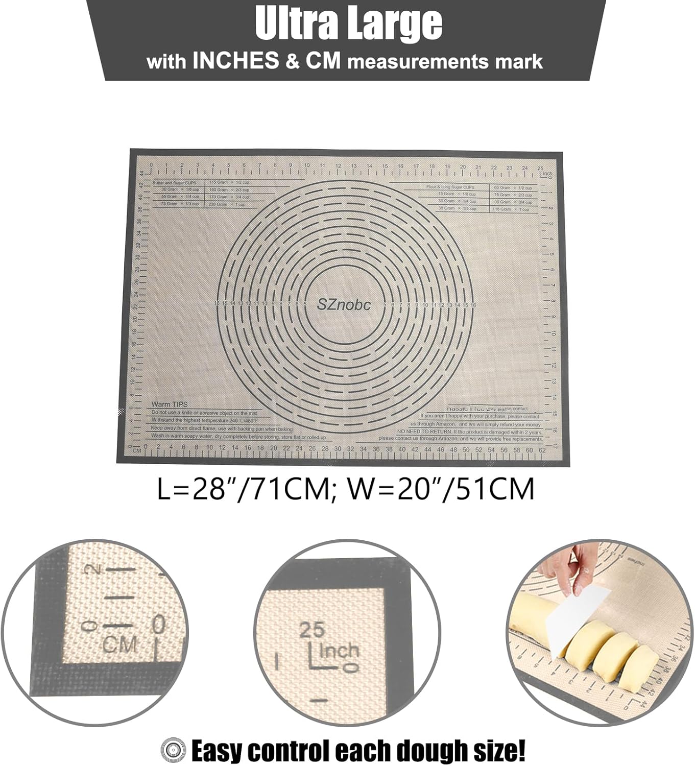 Skiennix Non-Slip Silicone Pastry Mat - 28x20 Inches with Measurements for Baking, Dough & Pastry