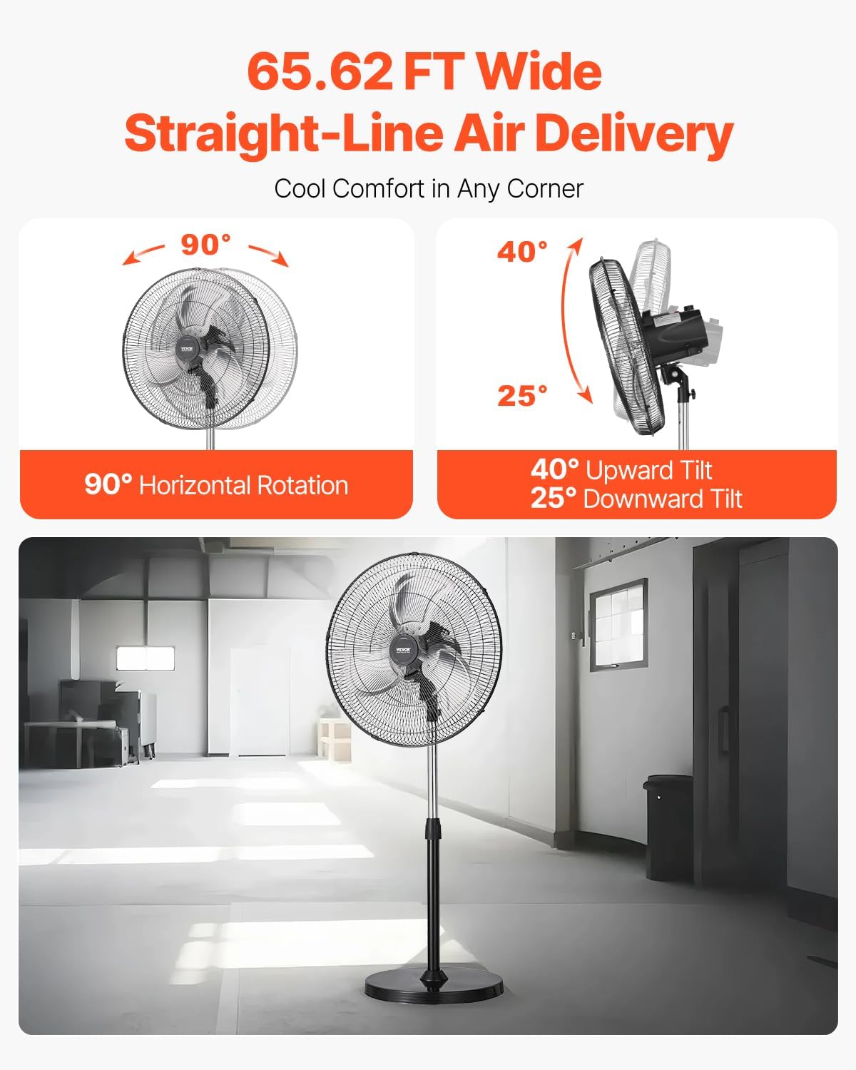VEVOR 20-Inch Industrial Pedestal Fan - Adjustable Height & 90-Degree Oscillation | Powerful Black Floor Fan for Warehouses & Garages