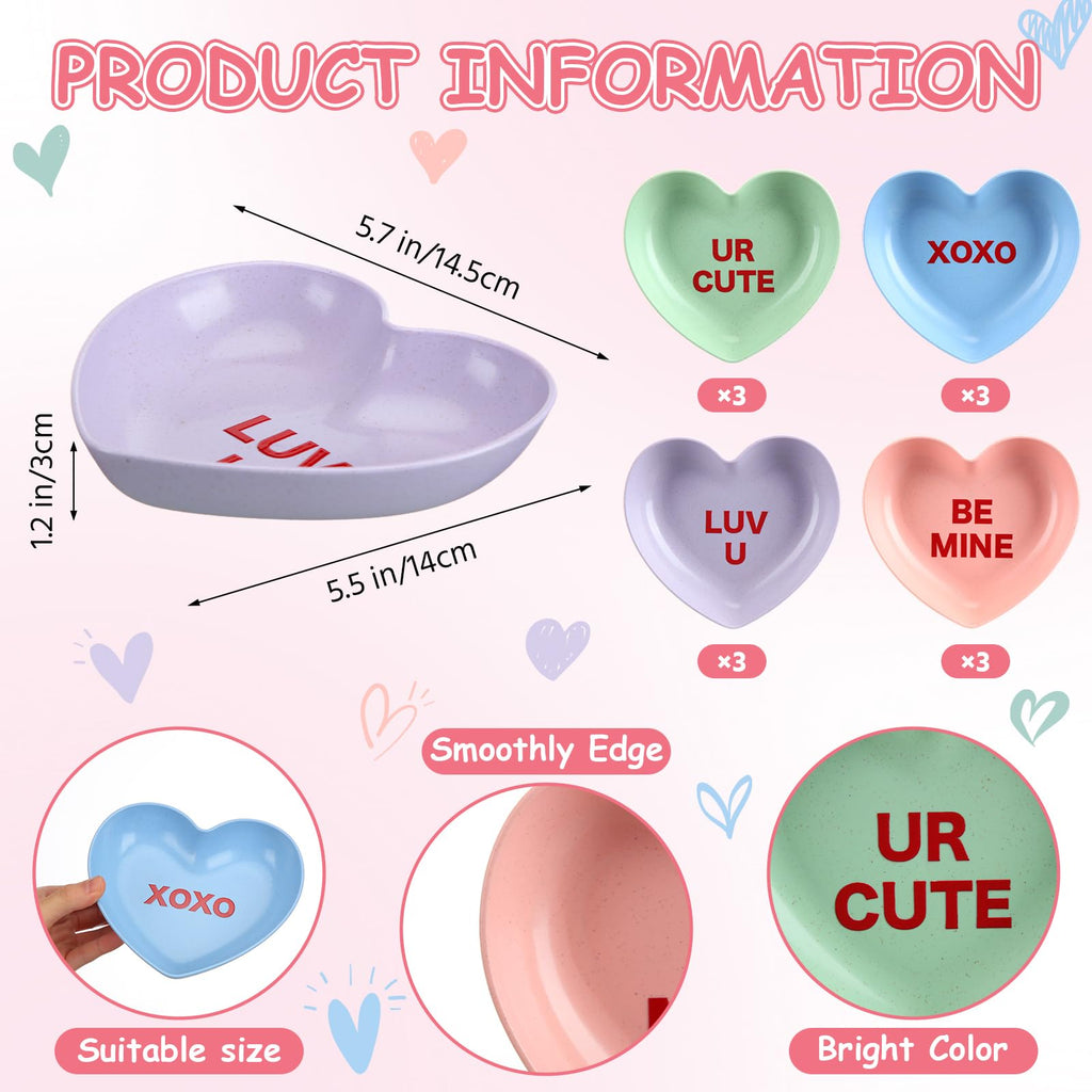 FoldTier 12 Pcs Valentine's Day Heart Bowls Conversation Hearts Plastic Bowls Plates 5.7 Inch Pink Snack Dessert Salad Fruits Decorative Plates Dishes for Valentine Wedding Kitchen Party Supplies